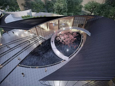 Modern Sales Office Building Design With Unique Roof Water Pool And Surrounding Trees 3d model