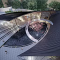 Modern Sales Office Building Design With Unique Roof Water Pool And Surrounding Trees