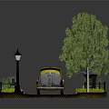 Cartoon Scene Featuring Yellow Car On Circular Road With Street Lamp And Green Tree