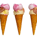 Three Tasty Waffle Cones Topped with Various Colorful Ice Cream Flavors