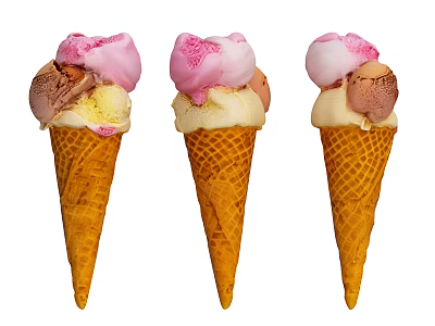 Three Tasty Waffle Cones Topped with Various Colorful Ice Cream Flavors 3d model