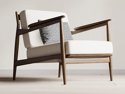 Modern Lounge Chair With Wooden Frame Light Upholstered Seat And Textured Gray Pillow 3d model