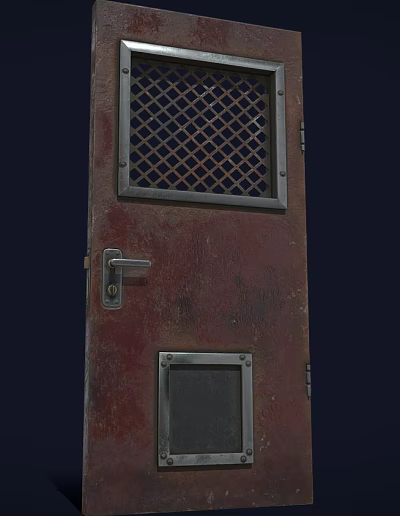Metal Security Door With Rusty Red Finish Grid Ventilation Window Lower Panel And Lock 3d model