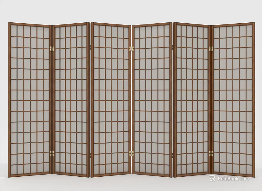 Traditional Wooden Room Divider With Six Folding Translucent Panels And Grid Design 3d model 