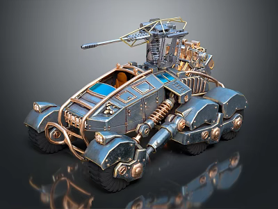 Steampunk Mechanical Vehicle With Metal Structure Cannon And Track Design 3d model