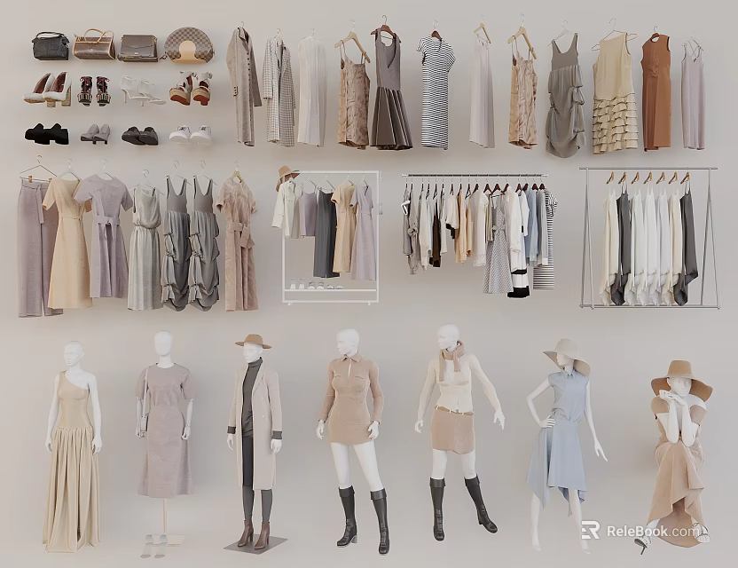 Women's Neutral Tones Clothes Collection With Hanging Racks And Mannequin Displays 3d model 