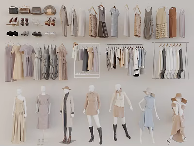 Women's Neutral Tones Clothes Collection With Hanging Racks And Mannequin Displays 3d model