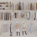 Women's Neutral Tones Clothes Collection With Hanging Racks And Mannequin Displays