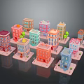 Colorful Miniature Buildings In Various Styles With Decorative Windows And Small Trees