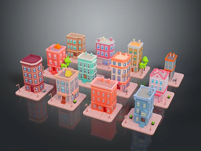 Colorful Miniature Buildings In Various Styles With Decorative Windows And Small Trees 3d model