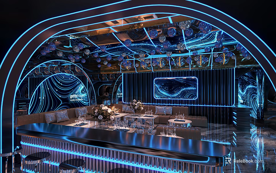 Modern Luxury KTV Interior With Blue Neon Lights Sofas Bar Counter And Decorations 3d model 