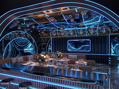 Modern Luxury KTV Interior With Blue Neon Lights Sofas Bar Counter And Decorations 3d model
