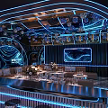 Modern Luxury KTV Interior With Blue Neon Lights Sofas Bar Counter And Decorations