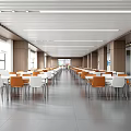 Modern Bright Cafeteria Interior With White Tables And Orange White Chairs