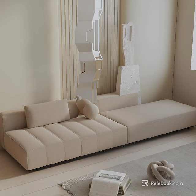 Beige Three Seater Sofa In Living Room With Striped Wall And Decorative Ornaments 3d model 