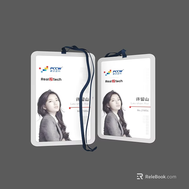 Two White ID Badges With NewTech Logo Portrait Photo And Blue Lanyard 3d model 