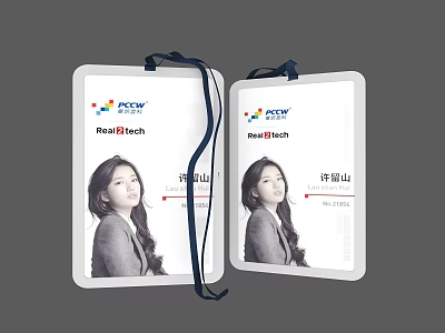Two White ID Badges With NewTech Logo Portrait Photo And Blue Lanyard 3d model