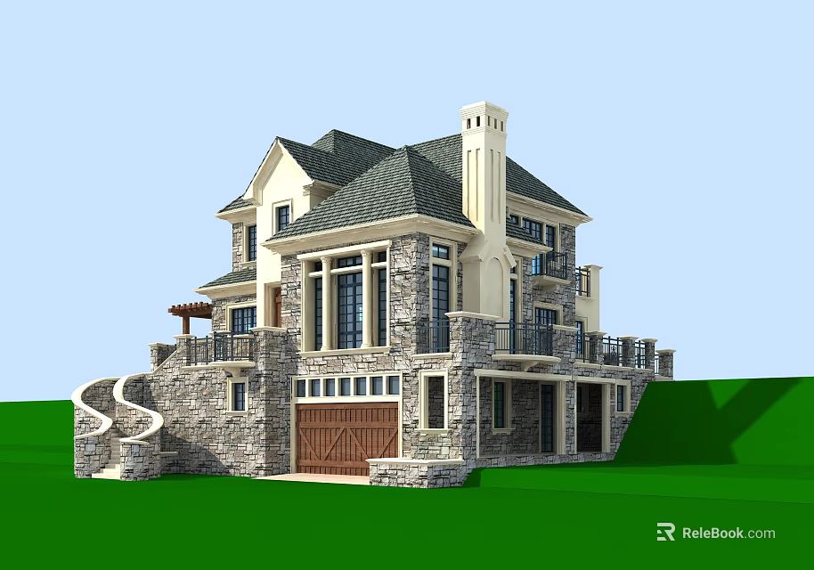 Two Story Detached Villa With Gray Roof Stone Exterior Garage And Green Lawn 3d model 
