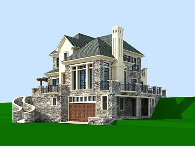 Two Story Detached Villa With Gray Roof Stone Exterior Garage And Green Lawn 3d model