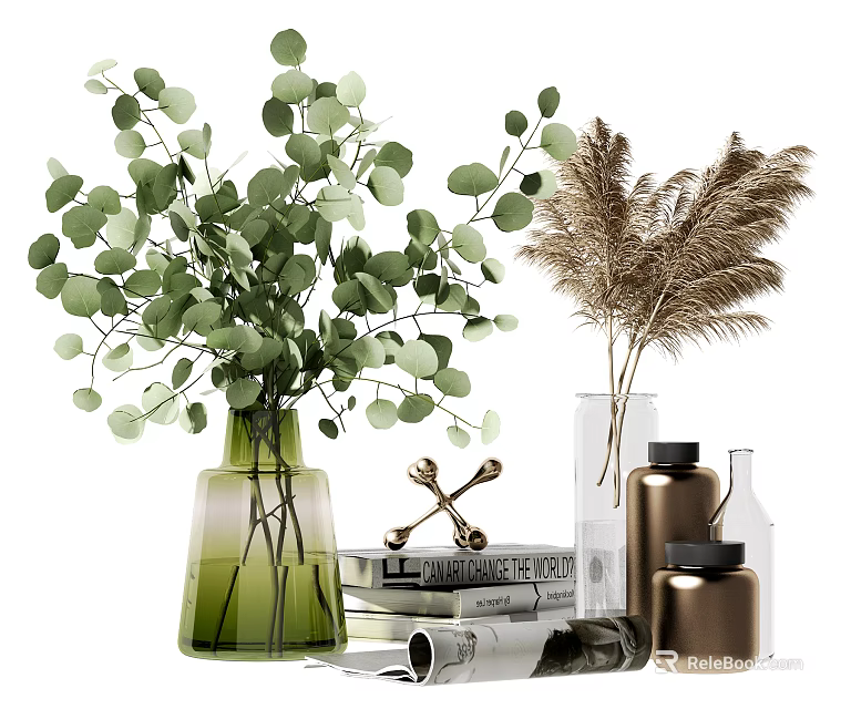Green Vase With Green Leaves And Clear Vase Holding Brown Pampas Grass Stacked Books 3d model 