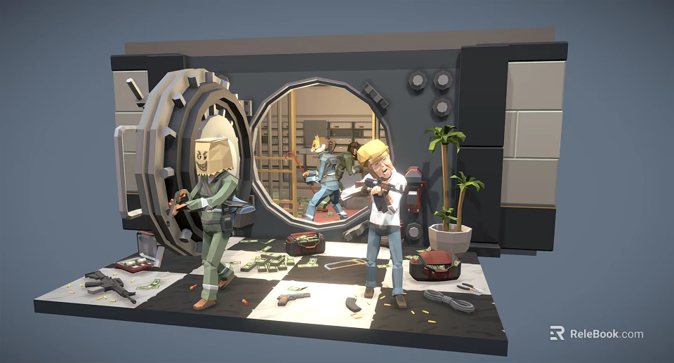 Intricate Decorative Figurine Set with Safe Scene Open Door Figures Tools and Money Bags 3d model 