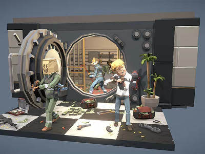Intricate Decorative Figurine Set with Safe Scene Open Door Figures Tools and Money Bags 3d model
