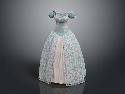 Elegant Light Blue And White Dress With Puffed Sleeves And Floral Lace Design 3d model