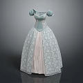 Elegant Light Blue And White Dress With Puffed Sleeves And Floral Lace Design