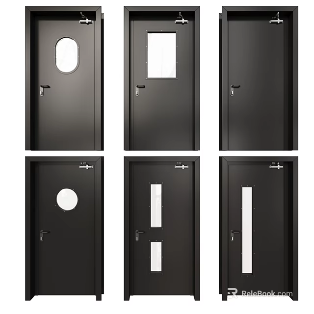 Black Swing Doors With Circular And Rectangular Glass Panels For Interior Use 3d model 