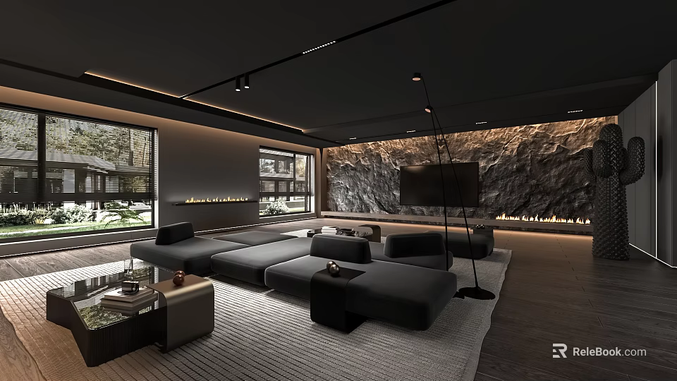 Modern Living Room Interior With Black Sectional Sofa Rock Wall Floor-to-Ceiling Windows And Fireplace 3d model 