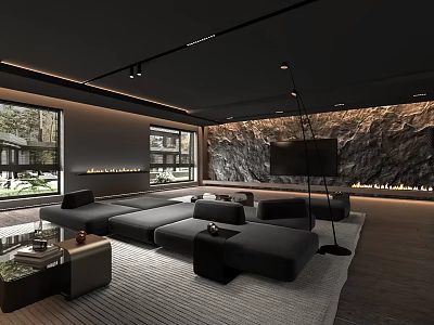 Modern Living Room Interior With Black Sectional Sofa Rock Wall Floor-to-Ceiling Windows And Fireplace 3d model