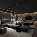 Modern Living Room Interior With Black Sectional Sofa Rock Wall Floor-to-Ceiling Windows And Fireplace
