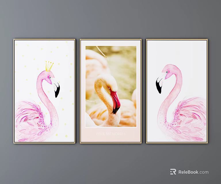 Three Piece Flamingo Animal Paintings With Pink Feathers And Decorative Home Wall Art 3d model 