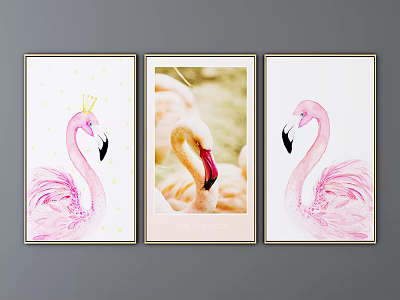 Three Piece Flamingo Animal Paintings With Pink Feathers And Decorative Home Wall Art 3d model