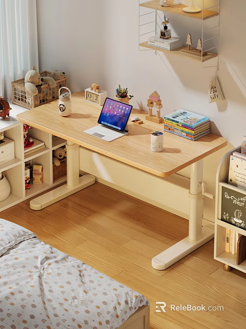 Wooden Study Desk With Laptop Mug Stacked Books And Storage Basket Setup 3d model 