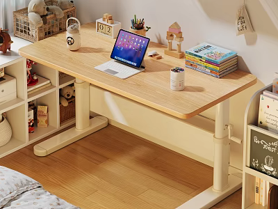 Wooden Study Desk With Laptop Mug Stacked Books And Storage Basket Setup 3d model