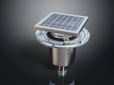 Durable Stainless Steel Floor Drain With Square Grid Cover And Cylindrical Base 3d model