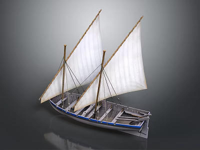 Traditional Sailing Boat With Two White Sails And Blue Striped Hull On Grey Background 3d model