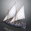 Traditional Sailing Boat With Two White Sails And Blue Striped Hull On Grey Background
