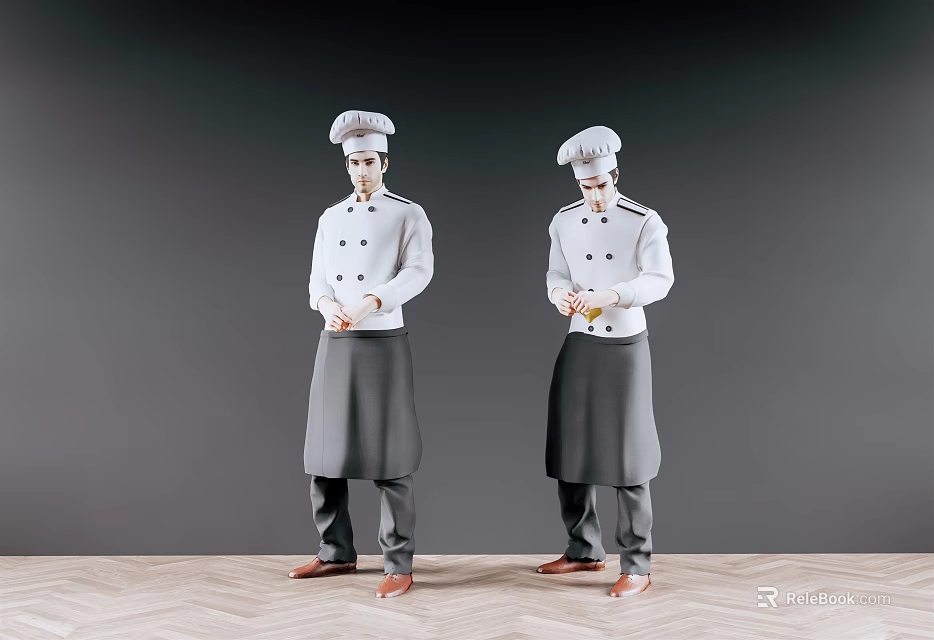 Male Chefs In White Chef Uniforms Hats Holding Items Standing On Wooden Floor Gray Background 3d model 