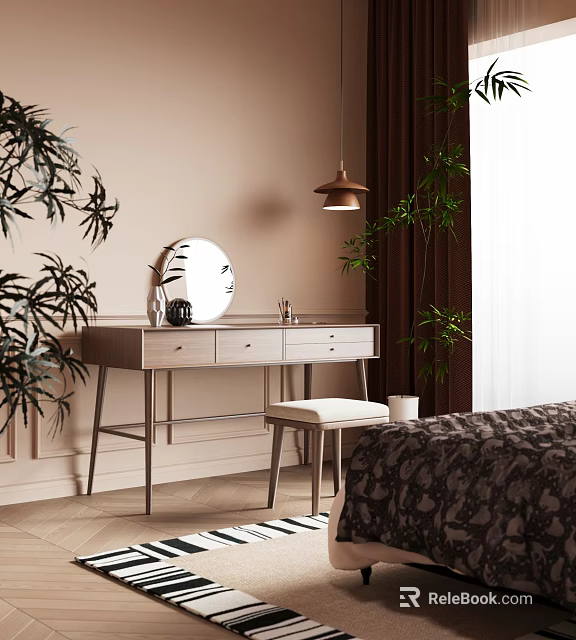 Cozy Bedroom Dressing Area With Round Mirror Pendant Lamp Green Plants And Stool 3d model 