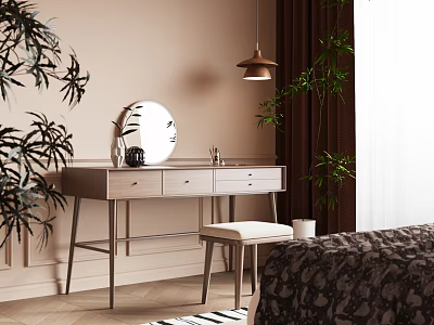 Cozy Bedroom Dressing Area With Round Mirror Pendant Lamp Green Plants And Stool 3d model