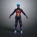Futuristic Tech Inspired Game Movie Character In Black Outfit With Blue Helmet And Neon Accents