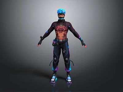 Futuristic Tech Inspired Game Movie Character In Black Outfit With Blue Helmet And Neon Accents 3d model