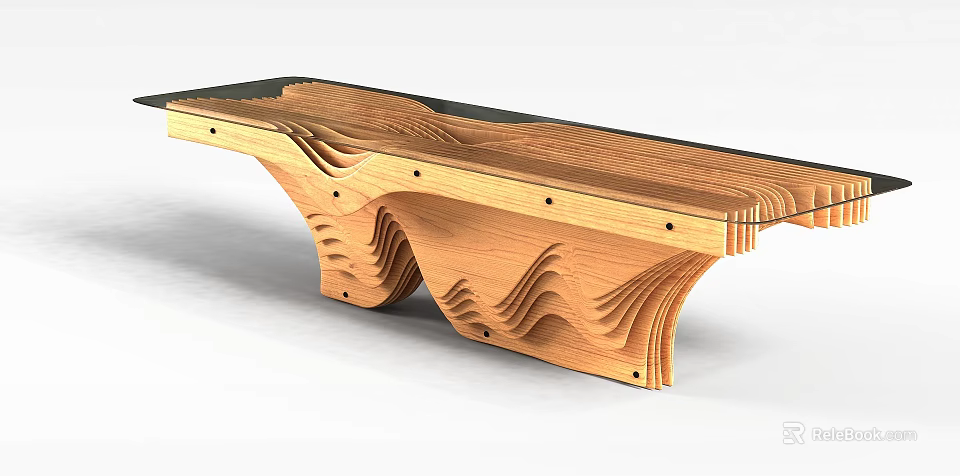 Modern Wooden Table With Artistic Wave Shaped Legs And Glass Top Surface 3d model 