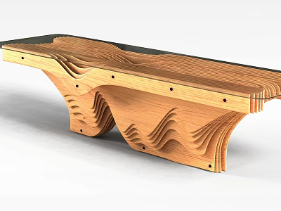 Modern Wooden Table With Artistic Wave Shaped Legs And Glass Top Surface 3d model