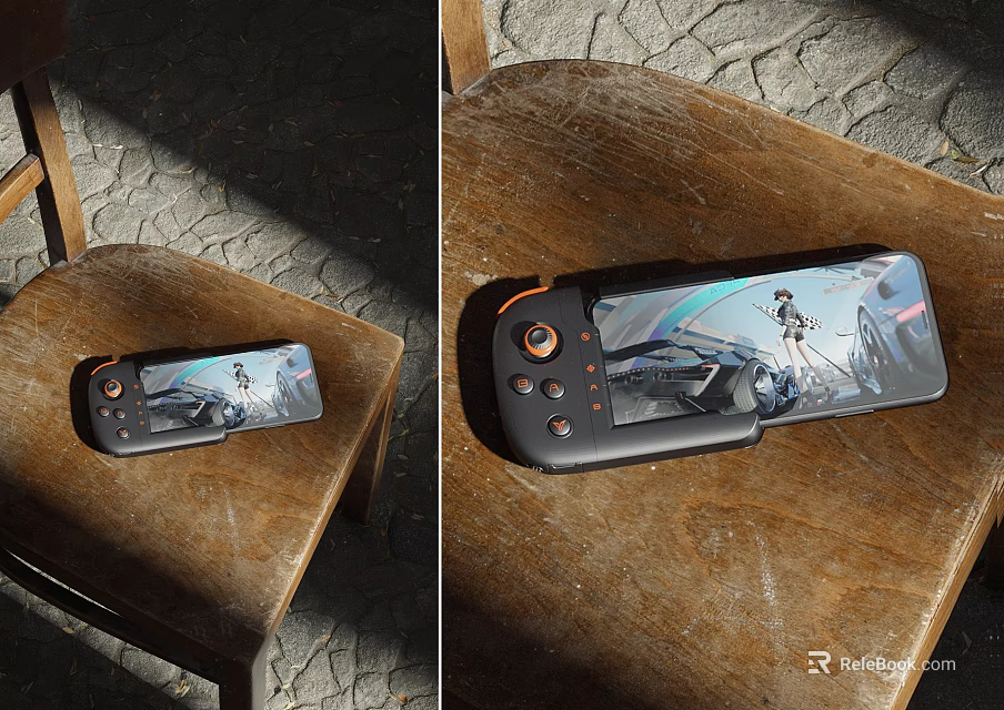 Handheld Gaming Device With Control Buttons Displaying Action Game On Wooden Chair 3d model 
