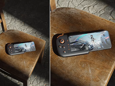Handheld Gaming Device With Control Buttons Displaying Action Game On Wooden Chair 3d model