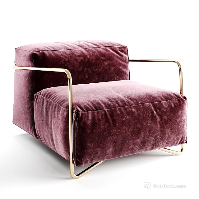 Burgundy Velvet Single Sofa with Golden Metal Frame Modern Design for Living Room Interior 3d model 