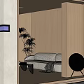 Modern Home Theater Room Featuring Beige Sofa Wooden Walls Floor Lamp And Green Plant